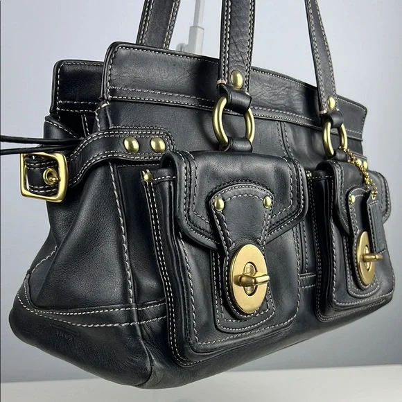 RARE Coach Legacy Collection Black Hot Pink Leather Brass Satchel Shoulder Bag - Picture 2 of 16